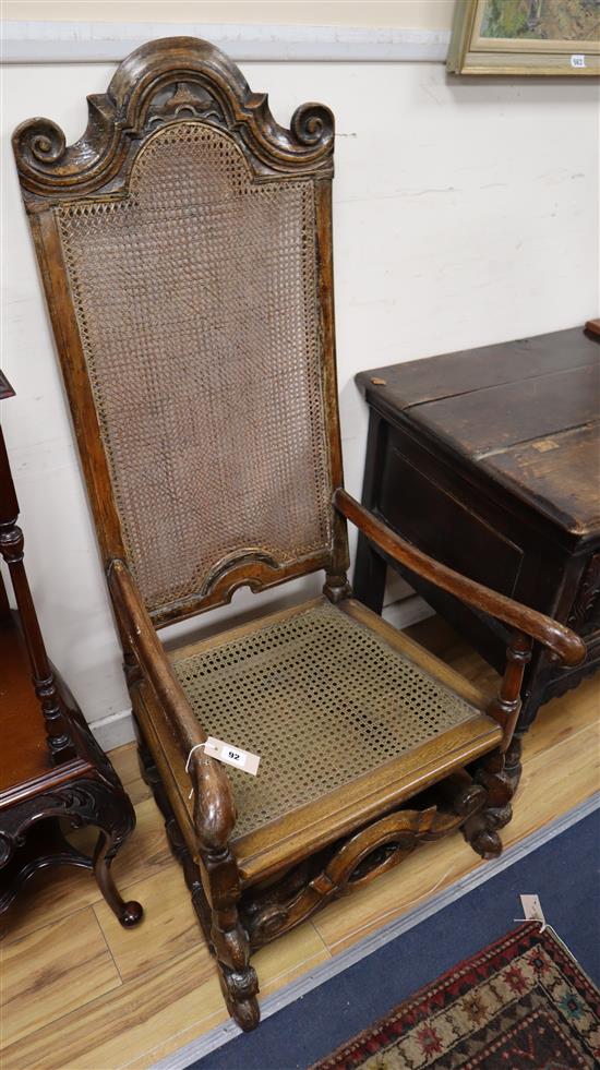A 17th century and later Flemish walnut and beech caned highback chair